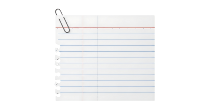Blank Lined Paper Sheet with Silver Paperclip and Torn Edge, Perfect for Notes or Text, Isolated on Transparent Background