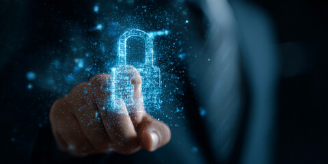 Digital padlock concept, IT manager presenting security technology with holographic interface, emphasizing data protection