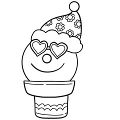groovy christmas Smiling ice cream cone character in a pot wearing a festive hat and heart-shaped glasses