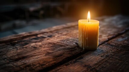 Burning candle on rustic wooden table, peaceful ambiance - Powered by Adobe