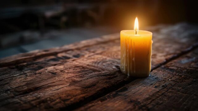 Burning candle on rustic wooden table, peaceful ambiance