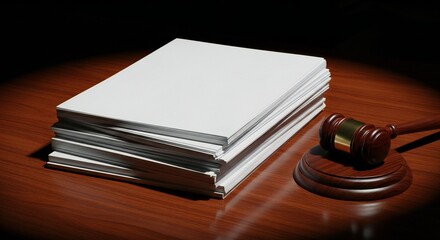 Stack of white papers next to a wooden gavel on a polished desk surface