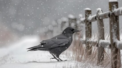 A black crow walks through falling snow beside a wooden fence, creating a quiet winter wildlife scene with soft light and a calm natural mood. - Powered by Adobe