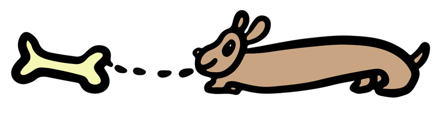 Cute hand drawn illustration of puppy chasing bone for decoration, dog cartoon, characters, comic, pet shop, vet, adopt and rescue animal, foster home, shelter, house, home, furniture, park, yard