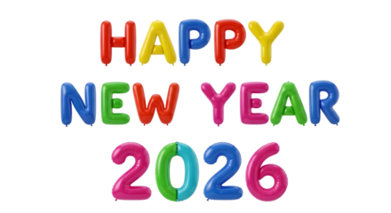 Happy new year 2026 colorful text isolated on transparent background