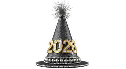 Shiny 2026 new years party hat isolated on transparent background