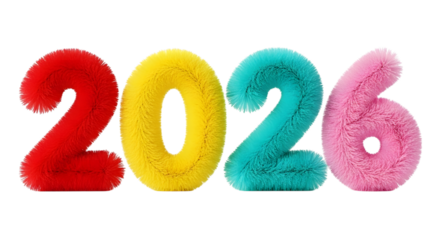 Colorful furry 2026 numbers isolated on transparent background