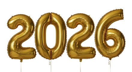 Golden 2026 balloon numbers isolated on transparent background