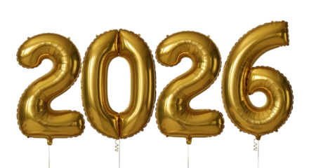 Golden 2026 balloon numbers isolated on transparent background