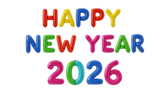 Happy new year 2026 colorful text isolated on transparent background