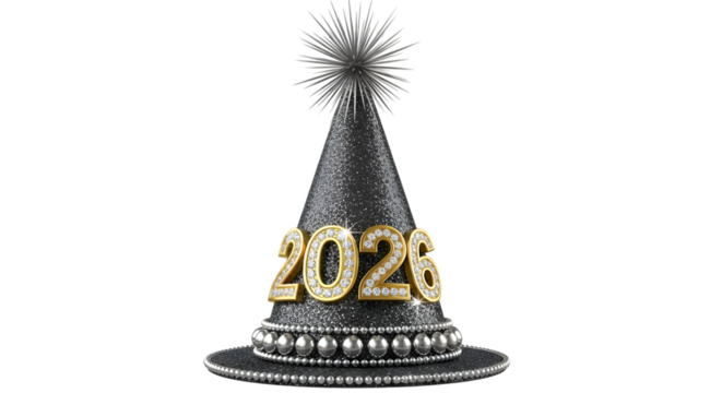 Shiny 2026 new years party hat isolated on transparent background