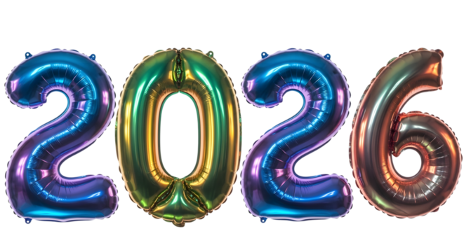 Shiny metallic 2026 number balloons isolated on transparent background - Powered by Adobe
