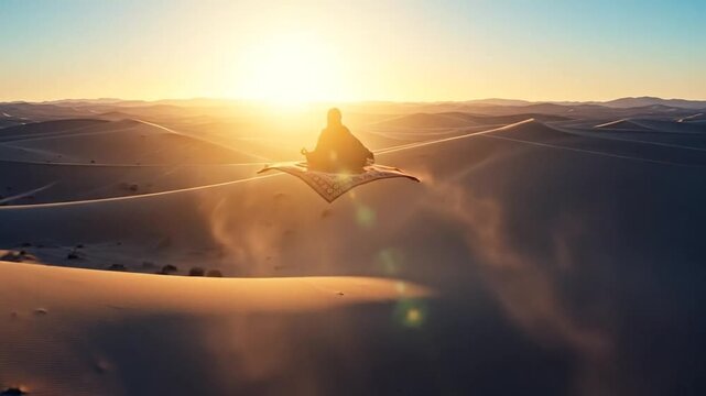 Mystical journey: serene meditative flight across desert dunes on a magic carpet at sunrise