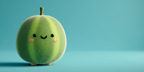 Cute fruit character made from melon, featuring smiling face and soft texture, set against blue background