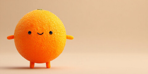 Cute orange character with smiling face, vibrant color, and small limbs, creating playful and cheerful atmosphere