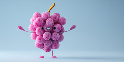 Cute grape character with joyful expression, made from bunch of grapes, showcasing playful design and vibrant colors
