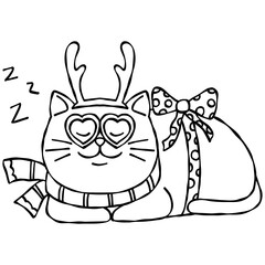 christmas Sleeping cat with festive accessories and heart-shaped glasses.