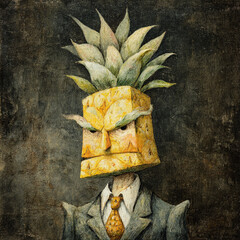 Pineapple man character with suit, unique art style, expressive features, whimsical design, surreal concept, vibrant colors
