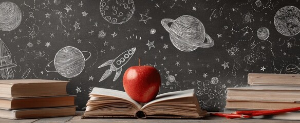 Open book with red apple, space doodles on a chalkboard background