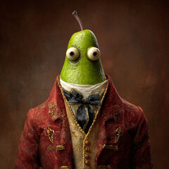 Whimsical pear character dressed in vintage suit, showcasing playful and humorous expression