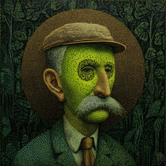Portrait of man with green skin and mustache, wearing cap and suit, surrounded by leafy background