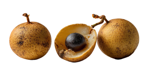 Three ripe longan fruits, one halved to show the dark seed