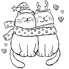christmas Two adorable cats in holiday attire cuddling together.