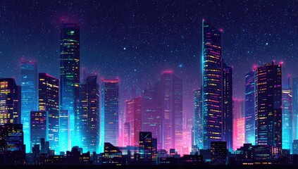 Futuristic city skyline at night, vibrant neon lights