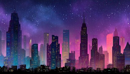 Night city skyline, vibrant colors