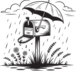 Rainy Mailbox Line Art | Raindrops, Wet Landscape & Nature Outline Scene
