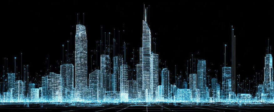 Digital cityscape, glowing lines of buildings