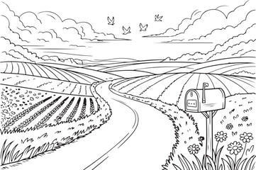Countryside Road & Mailbox Line Art | Peaceful Rural Landscape Illustration