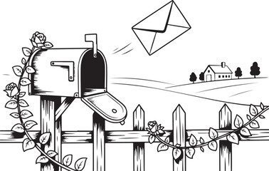 Countryside Mailbox Line Art | Floral Fence, Letters & Peaceful Rural Scene