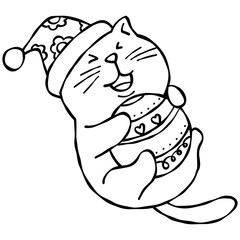 christmas Festive cat joyfully holding a decorated ornament.