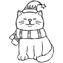 christmas Festive cat wearing a Christmas hat and scarf, smiling happily.