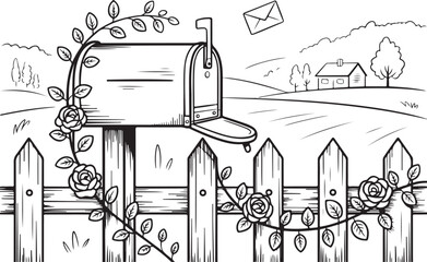 Countryside Mailbox Line Art | Floral Fence, Letters & Peaceful Rural Scene