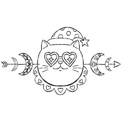 christmas Cute cartoon cat with heart-shaped glasses and playful moon motifs.