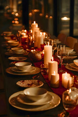 Elegant candlelit dinner table setting with warm glowing light and festive atmosphere