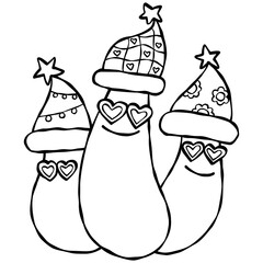 christmas Three cartoon characters wearing festive hats and heart-shaped glasses.