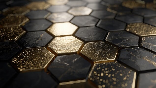 Abstract geometric pattern of hexagonal tiles in dark gold and black