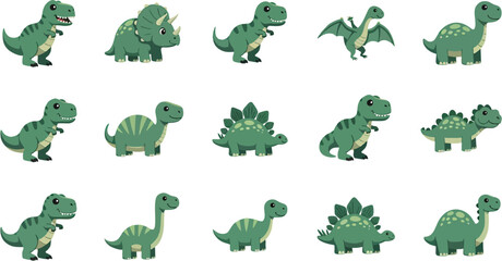 Cute Cartoon Dinosaurs Set, T-Rex, Triceratops, Stegosaurus Collection