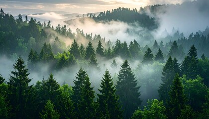 Lush, dense forest bathed in sunlight and a layer of ethereal mist, creating a breathtaking atmospheric landscape. Trees and fog