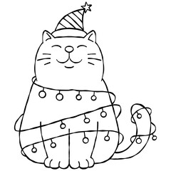 Christmas cat wearing a hat and wrapped in cartoon lights.