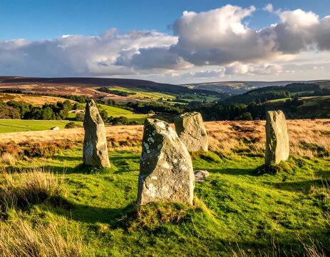 Ancient standing stones, in a vibrant green meadow. Hilly landscape, with lush valleys, bathed in warm sunlight, and a blue sky with fluffy clouds - Powered by Adobe