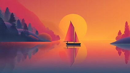A tranquil sunset scene over a calm lake, with a sailboat reflecting peacefully
