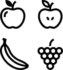 A collection of simple line art icons depicting various common fruits, including a whole apple, a half apple, a banana, and a bunch of grapes.
