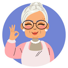 Charming cartoon vector illustration of an elderly grandmother making an OK sign with her hand. Clip art for senior wellness content, family themes, care giving and positive gesture concepts