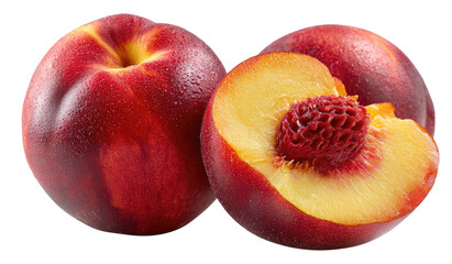 Juicy ripe nectarines, one sliced revealing flesh and pit