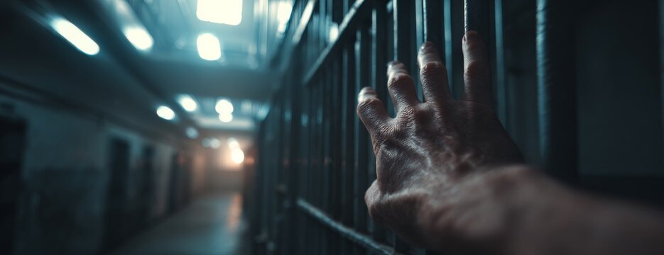 Hand reaching through prison bars in a dimly lit corridor  