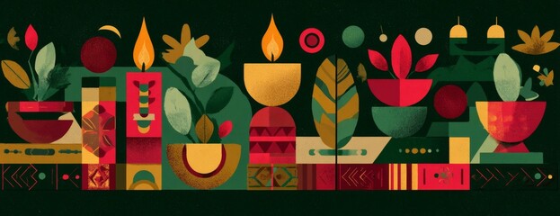 Colorful abstract illustration of plants and candles on dark background. Black History Month, Kwanzaa